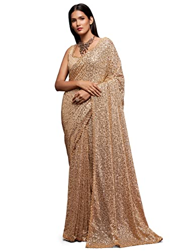 TRENDMALLS Womens Heavy Georgette Sequins work Saree with Unstitch Blouse Piece (K951-Beige)