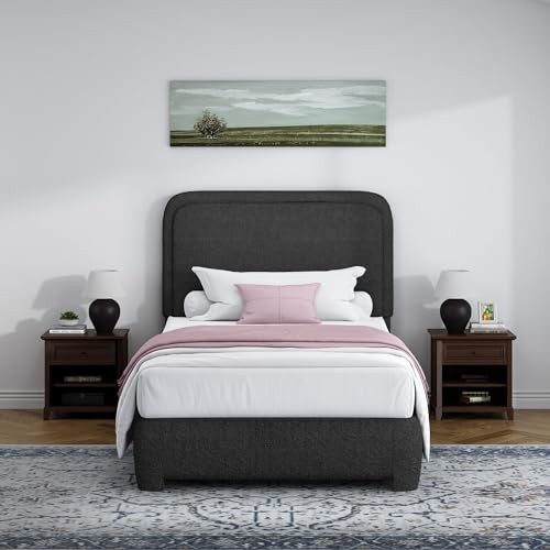 Image of BarnFurin Twin Bed Frame, Cloud Boucle Headboard, Rounded Corners, Black