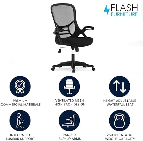 Flash Furniture Porter High Back Black Mesh Ergonomic Swivel Office Chair with Black Frame and Flip-up Arms - Thumbnail 4