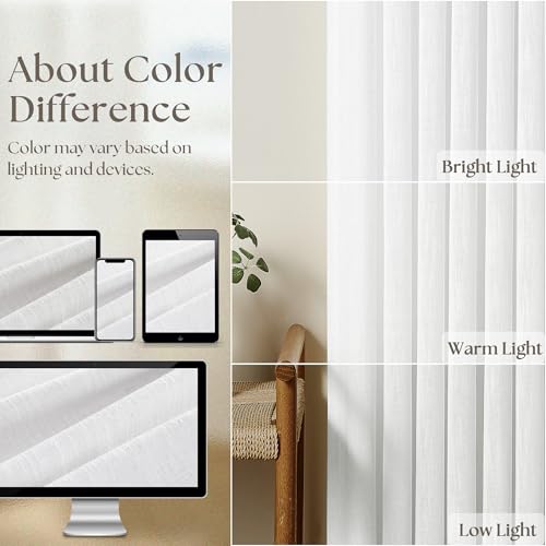 Image of White Linen Kitchen Window Curtains 2 Panels Pinch Pleated Linen Cafe Curtains 24 Inch Length Light Filtering Semi Sheer Boho Snow White Short Tier Drapes for Small Window Basement Bathroom RV