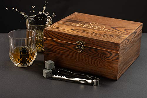 Leebs Premium Whiskey Stones Gift Set - 2 Large Whiskey Glasses, 8 Granite Scotch Chilling Rocks, Tongs, Velvet Pouch In Elegant Wooden Gift Box Packaging #TOP6