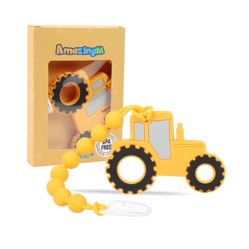 Image of Baby Food Grade Silicone Carrier Vehicle Teether Toy with One Piece Design Pacifier Clip Holder,Teething Pain Relief Toys Gift Set for 3 Months+ Boys and Girls,Freezer Safe,BPA Free. (Tractor)