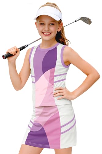 Image of AOBUTE Girls Tennis Golf Outfit Tank Top and Skirt with Shorts Set 4-12 Years