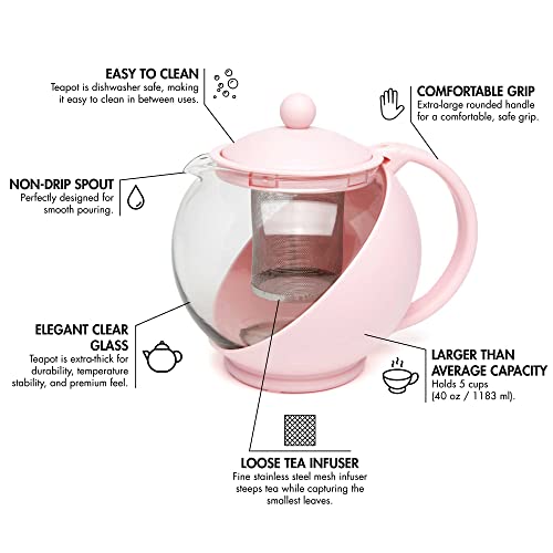 Image of Primula Half Moon Teapot with Removable Infuser, Glass Tea Maker with Reusable Fine Mesh Stainless Steel Filter, Dishwasher Safe, 40-Ounce, Pink
