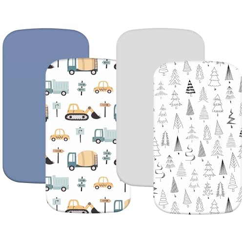 Image of 4 Pack Bassinet Fitted Sheets Compatible with 21 inch x 35 inch Amke, Ezebaby, Evolur Stellar and Mereryi Baby Bassinet, Soft and Skin-Friendly, Blue Truck & Grey Forest