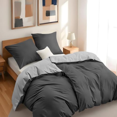 Dreamzie - Bettwäsche Set 135x200 cm mit 2 Kissenbezügen 80x80 cm Dunkelgrau/Hellgrau - 2 Bettbezug 135x200 aus 100% Mikrofaser - Zertifiziert ohne...