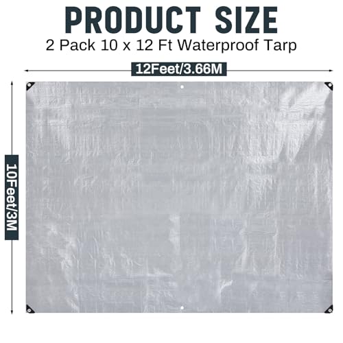 Image of 2 Pack Silver Tarps 10 x 12 ft, 5.5 Mil Waterproof Reflective Tarp, UV Resistant Sun Shade Tarps, Heavy Duty Roof Tarp for Roof Protection, Boat Cover, RV Cover, Car, Patio Furniture, Camping