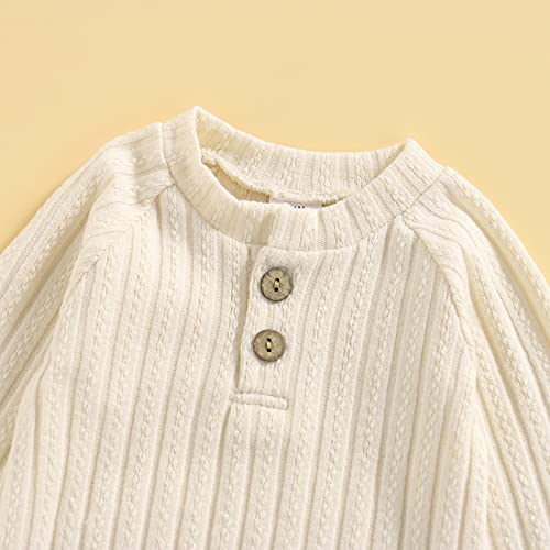 Qiylii 2 Piece Newborn Baby Girls Boys Clothes Sets Infant Solid Color Knit Cotton Romper Tops Pant Footies 0-18M (Beige, 0-3 Months) #TOP2