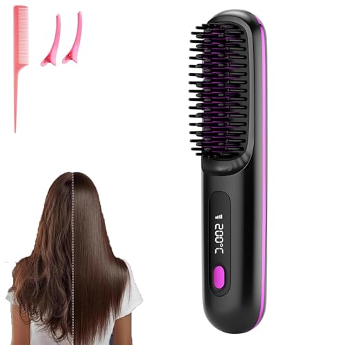Go Brush Pro Mini brosse à lisser portable sans fil pour femme avec affichage de la température LCD, 2000 mAh, chauffage rapide et fer à lisser en...
