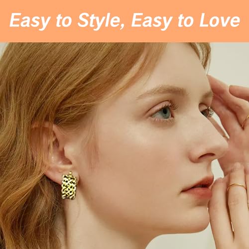 Cuban Link Hoop Earrings for Women Delicate 18K Gold Plated Chain Jewelry Classy Braided Thick Hoops Small Bold Round Wide Faceted Chunky Earrings3