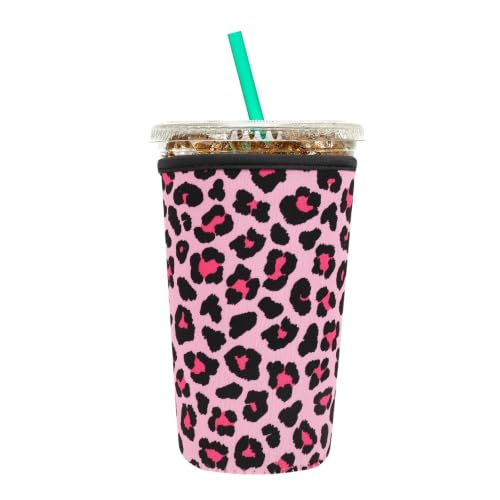 Image of Insulated Neoprene Cup Sleeve for Iced Coffee & Cold Soda - Reusable & Sweatproof, Keeps Drinks Cold Longer, Coffee Coolie for Hot & Iced Drinks (Pink Leopard Print, Medium: 22-24oz)