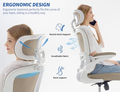 Image of TRALT Ergonomic Office Chair - Desk Chair with Adjustable Headrest Lumbar Support Computer Chair - Mesh Comfy Chair with Flip-up Armrests - Gaming Chairs for Adults Home Office (PU Leather,Khaki)