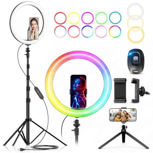PEYOU 12' Selfie Ring Light with 73' Extendable Tripod Stand and Phone Holder, 38 Color Modes...