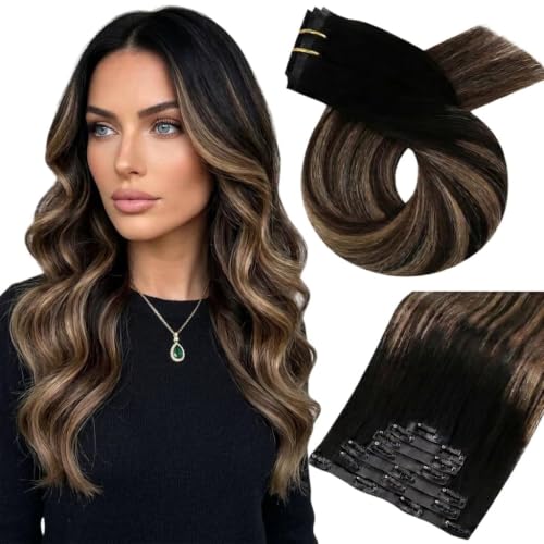 Image of Moresoo Clip in Hair Extensions Human Hair, 14inch 120g 7pcs, PU Skin Weft | Clip in hair extensions real hair, natural black to mocha brown and warm caramel, for trend users, natural blending volume