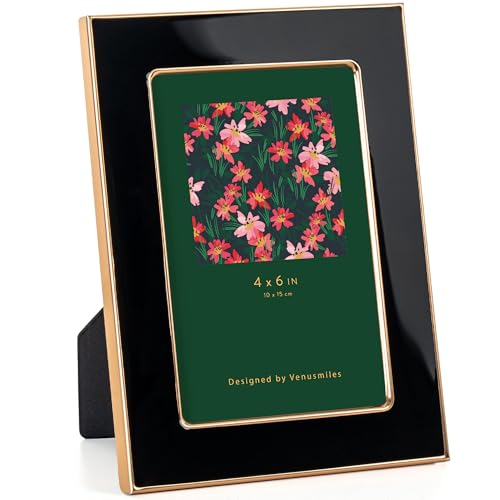 Venusmiles 4x6 Enamel Picture Frame, Gold Metal Edge with Easel, Real Glass Photo Frame for Wall and Tabletop Display Family Office Photo Gallery, Black Enamel/1pc