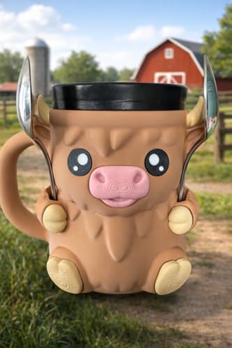 Highland Cow Ice Cream Pint Holder with Spoon Slots, Novelty Dessert Mug, 3 Color Options (Light Brown, Dark Brown, Rainbow) (light brown)