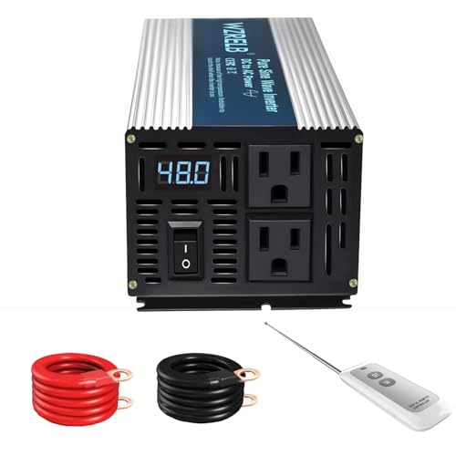 WZRELB 1200W Pure Sine Wave Inverter 48V DC to 110V 120V AC Power Converter with LED Display Remote Controller Off-Grid Power Inverter 2400W Surge for Home RV Truck Camping
