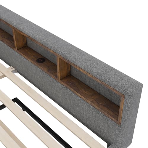 RIAZOS Polsterbett Schlafsofa 140x200, Doppelbett mit Ausziehbett, Daybett mit LED Staufach, Tagesbett mit USB Typ C Ladefunktion, Jugendbett Kinderbett Gästebett, Leinen, ohne Matratze, Grau