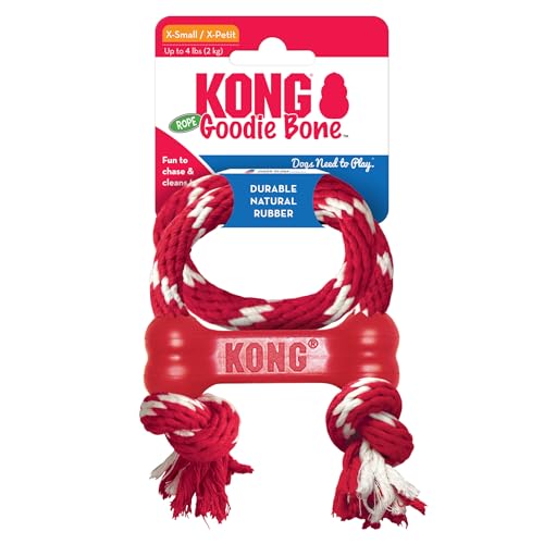 KONG Goodie Bone mit Seil - Klassischer strapazierfähiger Hundeknochen aus Naturkautschuk - Leckerlispender - Für XS Hunde - Rot