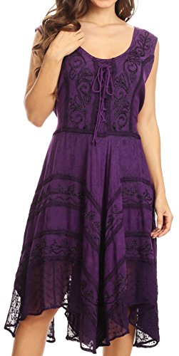 Image of Sakkas Sundara Stonewashed Rayon Embroidered Mid Length Dress