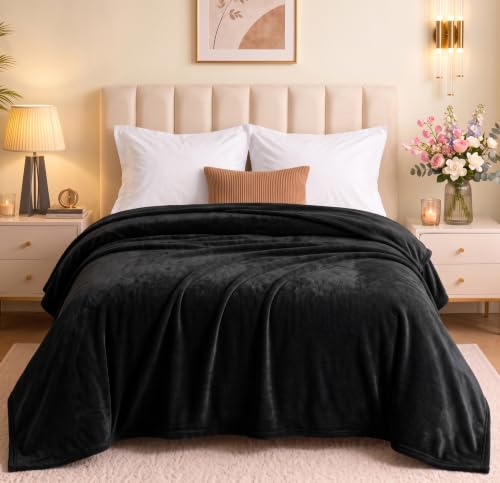 Image of BSB HOME Premium Flannel Blanket 280 GSM, Ultra Soft Plush & Cozy Warm Winter Blanket, Luxurious Double Bed Blanket for Adults, Elegant Solid Black Bedding, 90 x 86 Inches (230 x 220 cm) - Jet Black