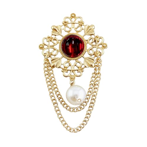 Vintage Round Simulated Pearl Filigree Flower Chain Tassel Brooches Lapel