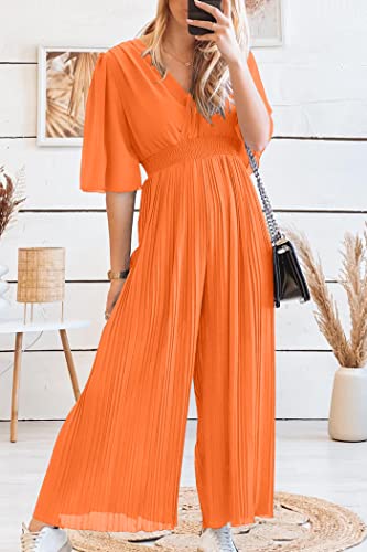 Prettygarden Women's Jumpsuits Casual Wrap V Neck Ruffle Sleeve Wide Leg Flowy Romper One Piece Summer Outfits (Orange Red,Large) #TOP4