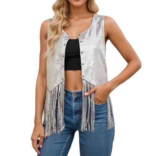 Chaleco con flecos de estilo occidental y cárdigan brillante casual para mujer