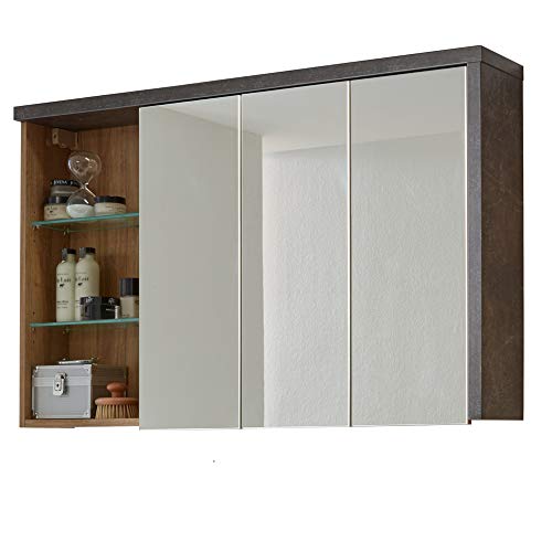 trendteam smart living - Bay - Spiegelschrank - Eiche Riviera/Beton dunkel - moderner Badezimmerspiegel mit 3 offenen Fächern - (BxHxT) 123 x 71 x 18 cm - kratzfest