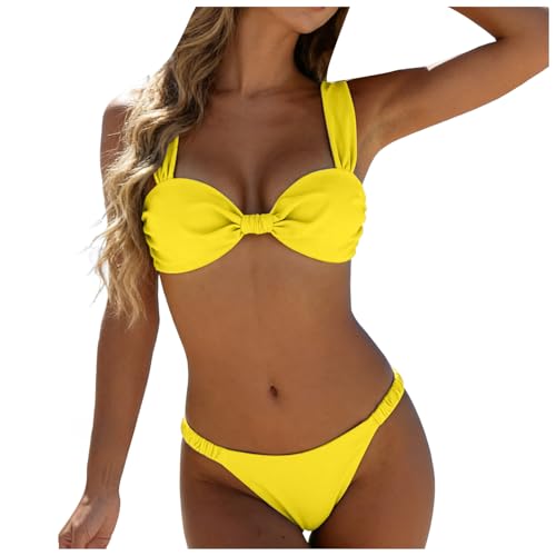 Genérico Conjuntos de Bikini para Mujer, Trajes de baño con cordón Ajustable y Espalda con Lazo. (Yellow, M)