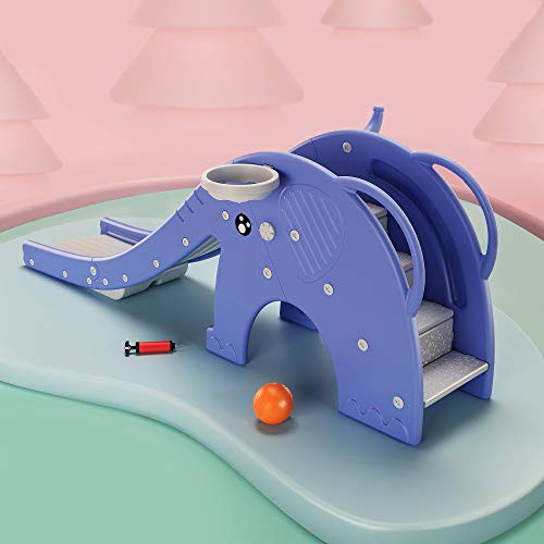 3 In 1 Kids Slide Toddler Children Climber Play Slide With 3 Enclosed Steps Plastic Freestanding Slide Toy For Indoor Outdoor Use With Basketball Hoop Ring Toss Game (Blue) #TOP14