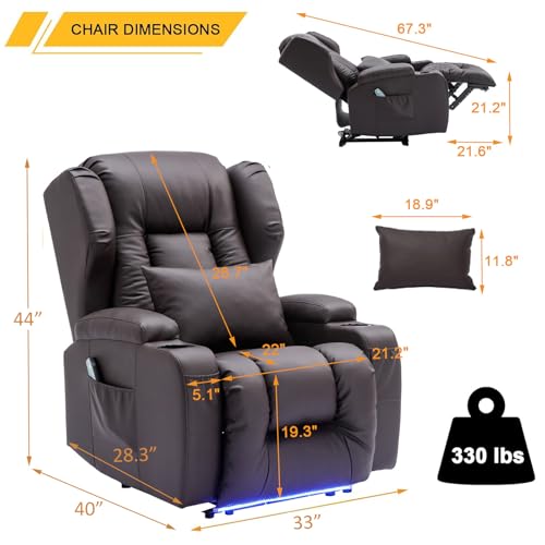 Image of Oprisen Wall Hugger Power Recliner Chair, Overstuffed Home Theater Seating w /Heat Massage Electric Movie Gaming Sofa Reclining Sleeper Chair with LED Light /Lumbar Pillow /Cup Holders