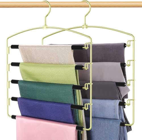 Roylvan 5 Tier Pants Hangers Space Saving, 2 Pack Non-Slip Foam Padding Closet Organizer for Trousers Slacks Jeans Scarf Hanging, Clothes Hangers with Swing Arm, Black Gold