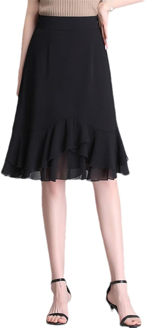 Damen Chiffon A-Linie Sommer Elastischer Rock Mit Hoher Taille, Black, L