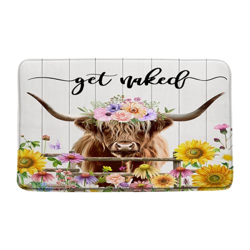 Farmhouse Highland Cow Bath Mat Western Farm Animal Get Naked Sunflower Floral Longhorn Bull Rustic 16
