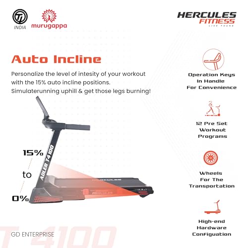 Image of Hercules Fitness | T 4100 4.0 HP DC Motorized Treadmill Home Use | 15% Automatic Motorized Incline | Home Cardio | Max Speed 18 Km /Hr | Max User Weight 125Kg | Free Installation Assistance