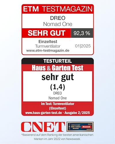 Dreo Turmventilator für Schlafzimmer, 7,6 m/s Geschwindigkeit, 28dB leiser Standventilator, 90° oszillierende Ventilator mit 4 Geschwindigkeiten, 4 Modi, 8 Std.Timer, Nomad One, Schwarz