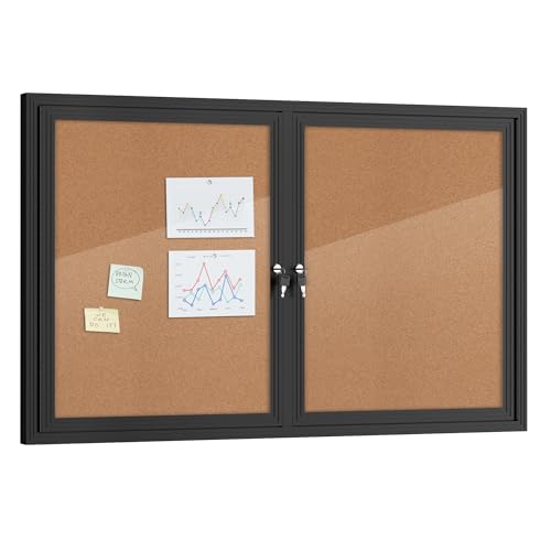 48"x30" Enclosed Bulletin Board, Outdoor Lockable Weather-Resistant Aluminum Cork Noticeboard for School & Office,Black Frame w/Cork
