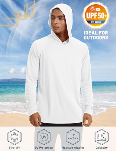 Men's Sun Protection Hoodie UPF 50+ UV Long Sleeve T-Shirts with Hood Mens Lightweight Hoodies Outdoor Hiking Shirt Sport Top White - Image 2