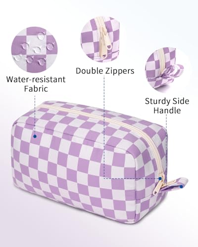 Image of Narwey Checkered Makeup Bag Travel Cosmetic Bag Organizer Small Toiletry Bag Make Up Bags with Organized Pockets for Women (Purple Checkerboard, Large)