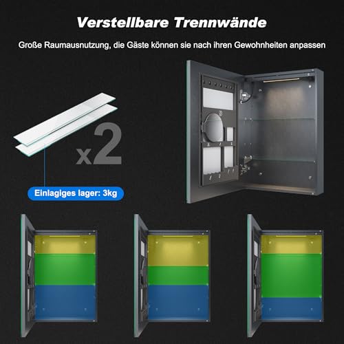 SONNI Szafka z lustrem LED z organizerem na kosmetyki, 50 x 70 cm, gniazdko elektryczne i 3-krotne powiększenie, 3 kolory światła, możliwość przyciemniania – ciemnoszara
