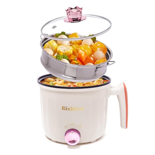 Hot Pot Electric with Steamer, Rapid Noodles Cooker,Non-Stick Electric Pot for Raman, Soup, Noodles, Steak, Oatmeal, Rapid, with Temperature control, (Rotary switch), 1.8L,Beige