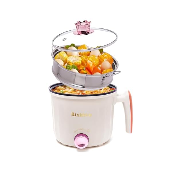 Hot Pot Electric with Steamer, Rapid Noodles Cooker,Non-Stick Electric Pot for Raman, Soup, Noodles, Steak, Oatmeal, Rapid, with Temperature control, (Rotary switch), 1.8L,Beige