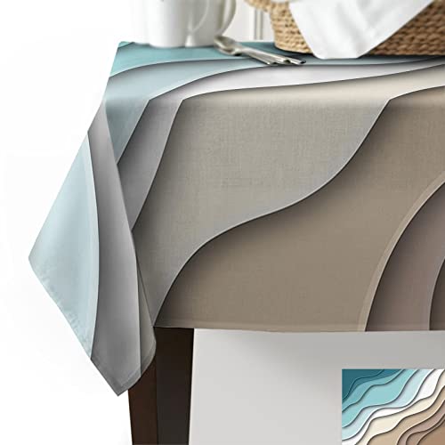 Rectangle Tablecloth 60 X 84 Inch Teal Blue Modern Geometric Waterproof Oil-Proof Vinyl Table Cloth Brown Abstract Ocean Wave Kitchen Spillproof Tablecloths Table Cover For Indoor And Outdoor Use #TOP1
