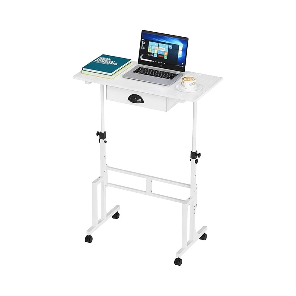 Escritorio Ajustable con Cajón de Tela y Ruedas | Altura regulable de 80 a 110 cm, Superficie de 81 × 40 cm, Blanco, 4 Niveles de Ajuste, Ideal para Trabajo y Estudio