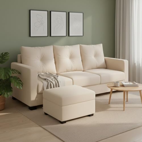 Image of FURNY Amonster 4 Seater L Shape Sofa Set with Movable Ottoman | Flexible Left or Right Layout | Plush Velvet Fabric (Cream) | Perfect for Living Room, Guest Room & Office