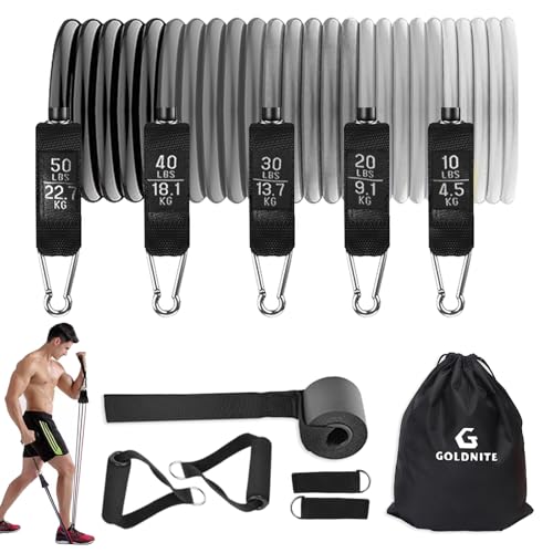 GOLDNITE Juego de bandas de resistencia con asas, bandas de ejercicio de 150 libras para entrenar con anclaje de puerta y correas de tobillo para piernas, entrenamiento de fuerza para hombres y