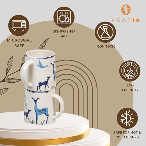 Image of CRAF10 Blue Stag Ceramic Coffee /Tea Mugs - Set of 2, 330 ML Each, Elegant & Durable, Microwave & Dishwasher Safe