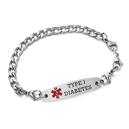 Type 1 Diabetic Bracelets Interchangeable Stainless Steel Curb Chain Medical Bracelets for Men and Women 7.5-9