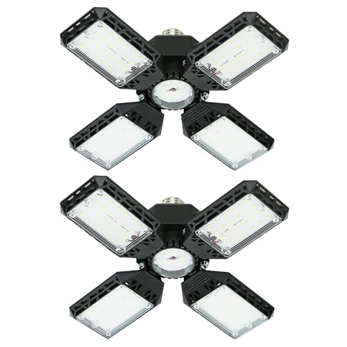 QiyuanLS 2-Pack LED Garage Light, 150W Deformable LED Ceiling Lights, 15000LM Garage Lighting with 4 Adjustable Panels, E26/E27 Shop Lights for Basement, Workshop, Attic